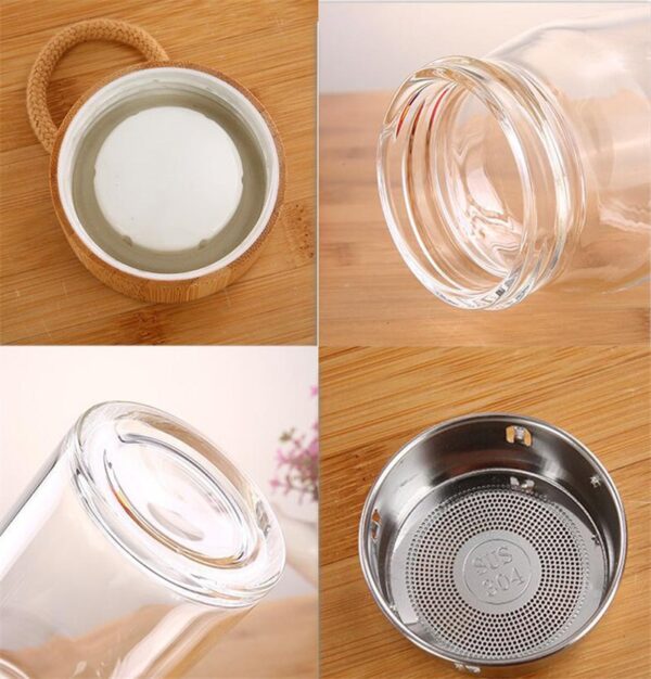 Glass Water Bottle With Bamboo Lid - 300ml and 400ml Fruit Tea Infuser Bottle with Filter Strainer and Convenient Rope for Direct Drinking - Image 4