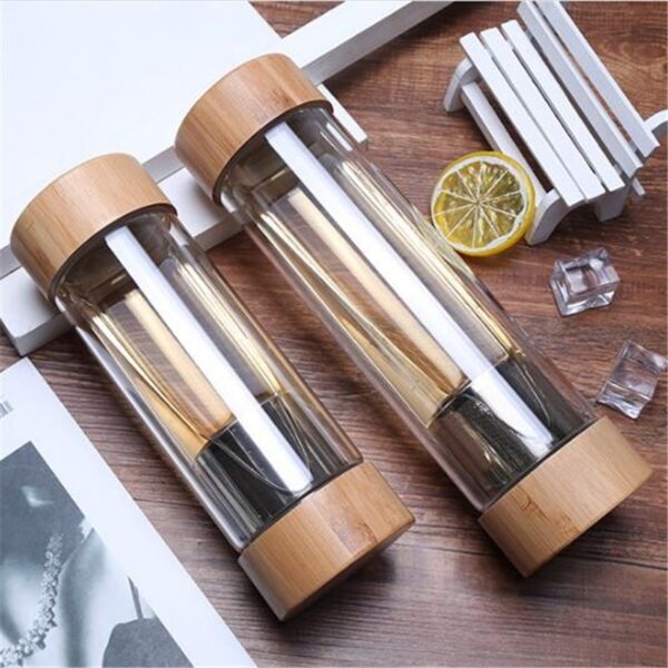 Glass Water Bottle With Bamboo Lid - 300ml and 400ml Travel-Sized Double Wall Glass Sport Tumbler with Stainless Steel Tea Infuser Filter - Image 2