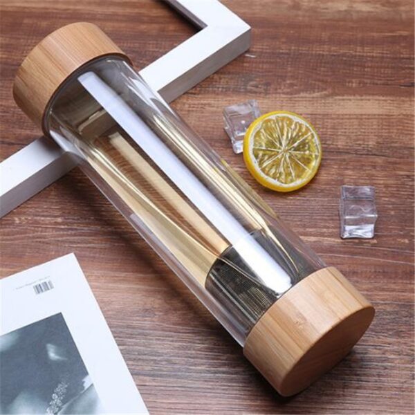 Glass Water Bottle With Bamboo Lid - 300ml and 400ml Travel-Sized Double Wall Glass Sport Tumbler with Stainless Steel Tea Infuser Filter - Image 5