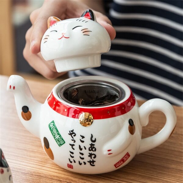 Tea Kit Cute Japanese Lucky Cat Porcelain Tea Set with Creative Maneki Neko Ceramic Tea Cup, Kettle, and Strainer for Office and Home - Image 2