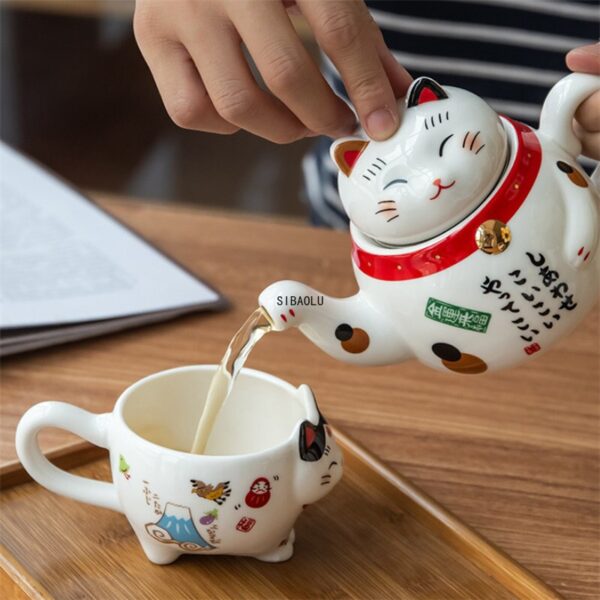 Tea Kit Cute Japanese Lucky Cat Porcelain Tea Set with Creative Maneki Neko Ceramic Tea Cup, Kettle, and Strainer for Office and Home - Image 3