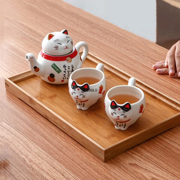 Tea Kit Cute Japanese Lucky Cat Porcelain Tea Set with Creative Maneki Neko Ceramic Tea Cup, Kettle, and Strainer for Office and Home - Image 4