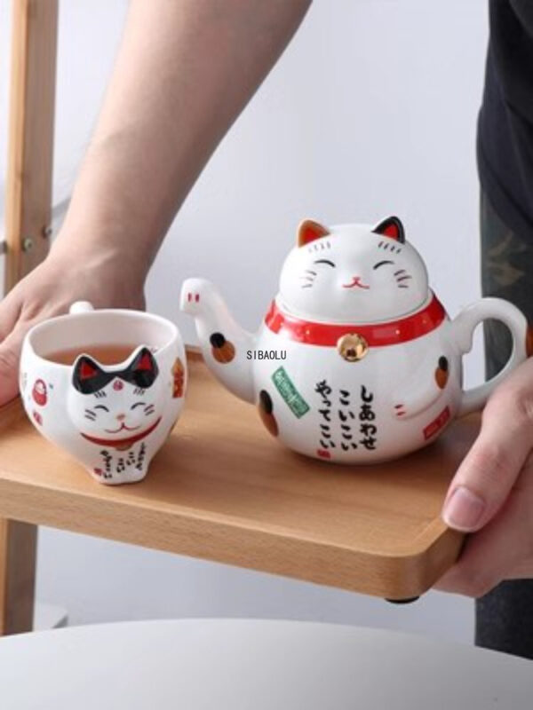 Tea Kit Cute Japanese Lucky Cat Porcelain Tea Set with Creative Maneki Neko Ceramic Tea Cup, Kettle, and Strainer for Office and Home - Image 6