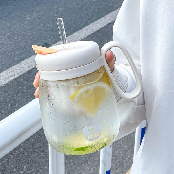Glass Water Bottle With Fruit Infuser - 850ml Large Tumbler with Straw, Cute Kawaii Design, Leakproof, and Convenient Handle