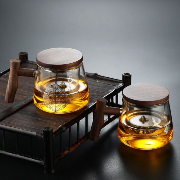 Tea Steeping Mug Luxury Gilding Craft Glass Teacup with Sandalwood Lid - Heat Resistant, Infuser Included, 450ML Capacity - Image 3