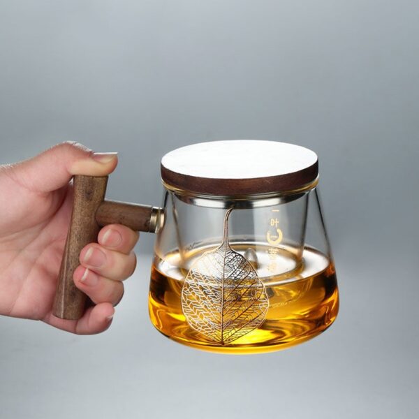 Tea Steeping Mug Luxury Gilding Craft Glass Teacup with Sandalwood Lid - Heat Resistant, Infuser Included, 450ML Capacity
