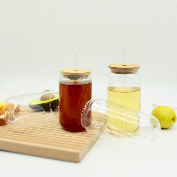 Glass Water Bottle With Bamboo Lid - Eco-Friendly Drinkware Set of 4/6 Transparent Cups for Cold Drinks, Coffee, Tea, and More - Image 2