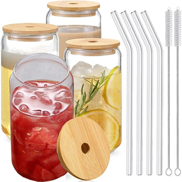 Glass Water Bottle With Bamboo Lid - Eco-Friendly Drinkware Set of 4/6 Transparent Cups for Cold Drinks, Coffee, Tea, and More