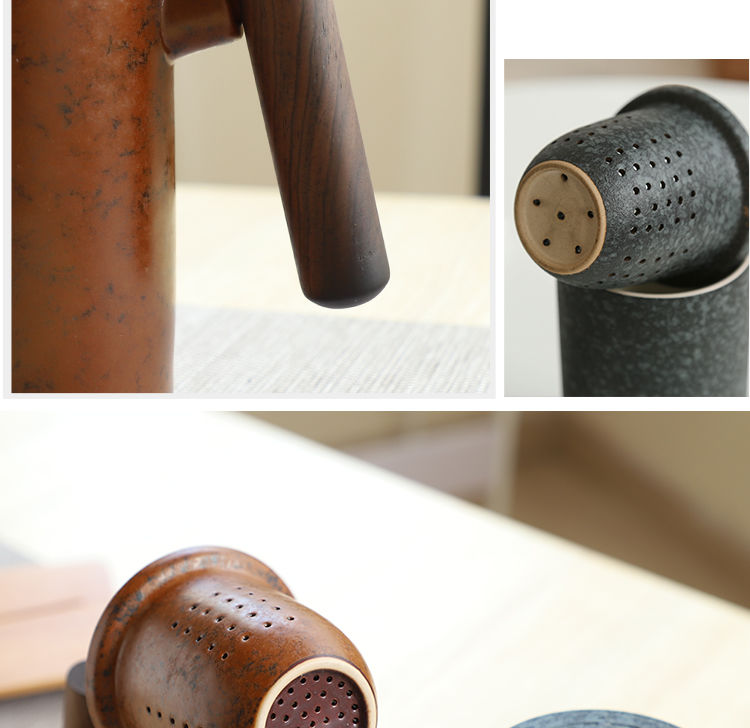 Tea Steeping Mug Japanese-style Vintage Ceramic Tumbler with Rust Glaze and Wood Handle for Home and Office
