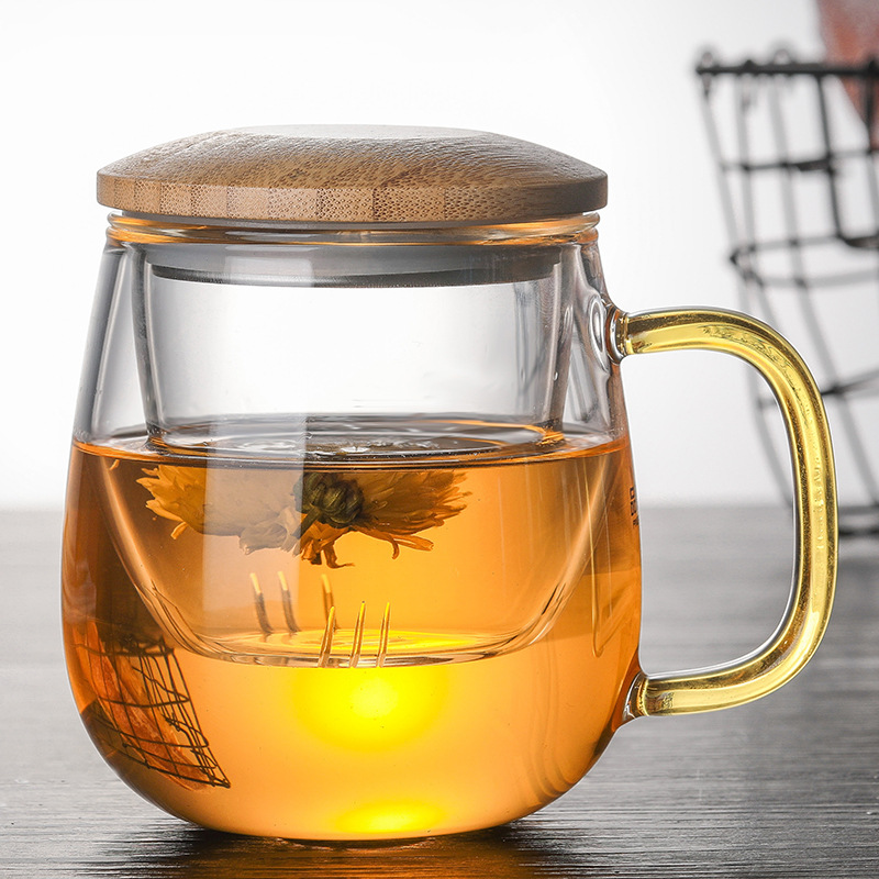 Infuser Mug Creative Glass Tea Cup with Transparent Filter, Bamboo Lid, and Heat-Resistant Design for Office Tea and More