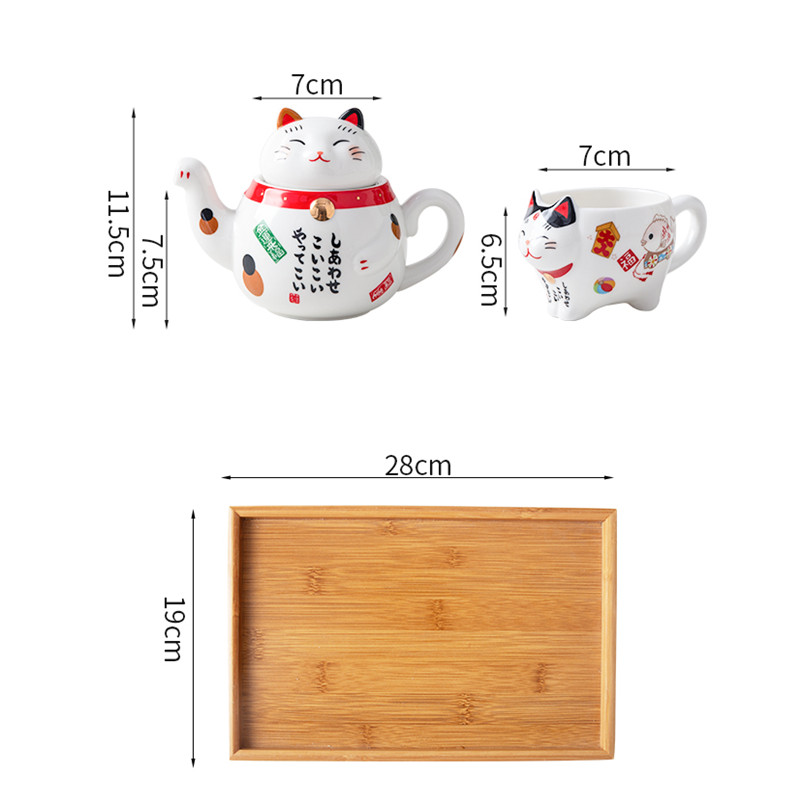 Tea Kit Cute Japanese Lucky Cat Porcelain Tea Set with Creative Maneki Neko Ceramic Tea Cup, Kettle, and Strainer for Office and Home
