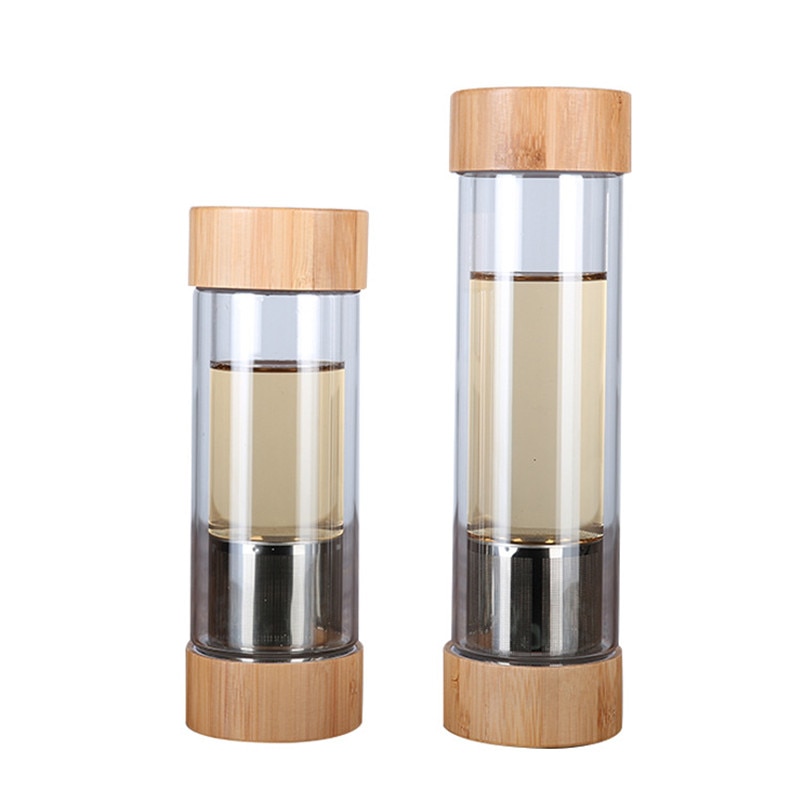 Glass Water Bottle With Bamboo Lid - 300ml and 400ml Travel-Sized Double Wall Glass Sport Tumbler with Stainless Steel Tea Infuser Filter