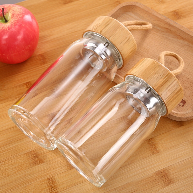Glass Water Bottle With Bamboo Lid - 300ml and 400ml Fruit Tea Infuser Bottle with Filter Strainer and Convenient Rope for Direct Drinking