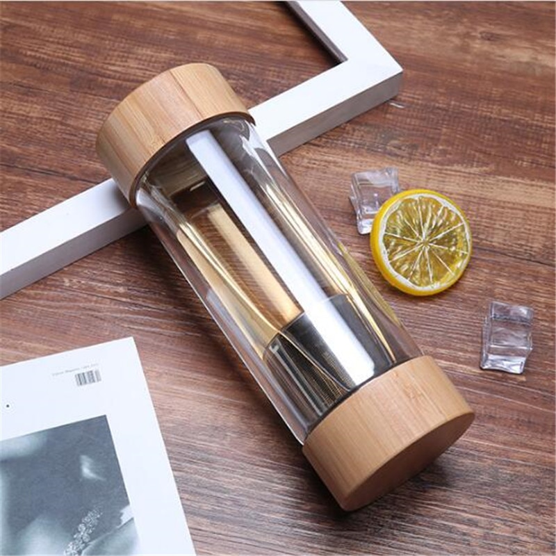 Glass Water Bottle With Bamboo Lid - 300ml and 400ml Travel-Sized Double Wall Glass Sport Tumbler with Stainless Steel Tea Infuser Filter