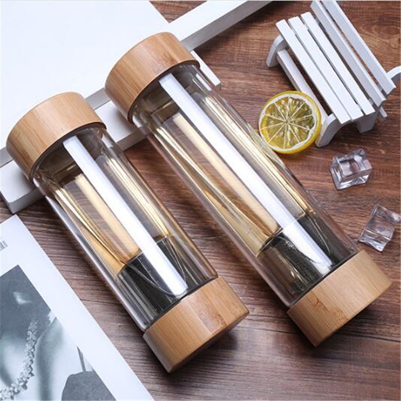 Glass Water Bottle With Bamboo Lid - 300ml and 400ml Travel-Sized Double Wall Glass Sport Tumbler with Stainless Steel Tea Infuser Filter
