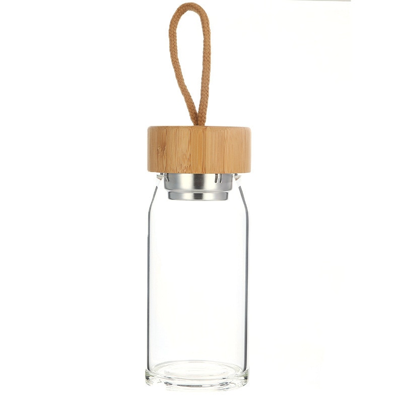 Glass Water Bottle With Bamboo Lid - 300ml and 400ml Fruit Tea Infuser Bottle with Filter Strainer and Convenient Rope for Direct Drinking