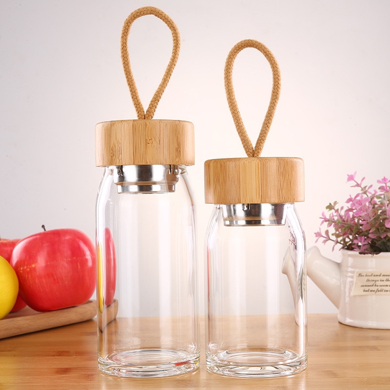 Glass Water Bottle With Bamboo Lid - 300ml and 400ml Fruit Tea Infuser Bottle with Filter Strainer and Convenient Rope for Direct Drinking