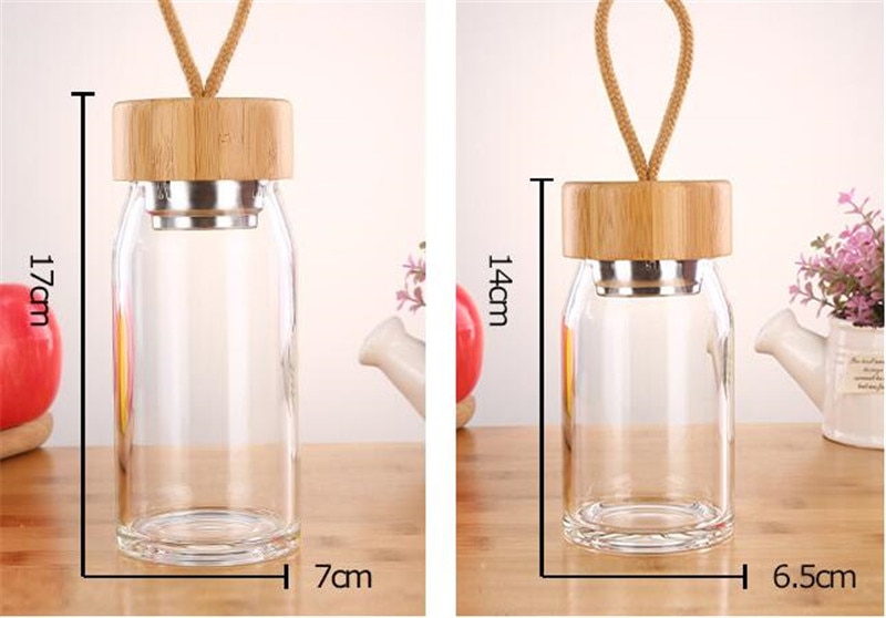 Glass Water Bottle With Bamboo Lid - 300ml and 400ml Fruit Tea Infuser Bottle with Filter Strainer and Convenient Rope for Direct Drinking