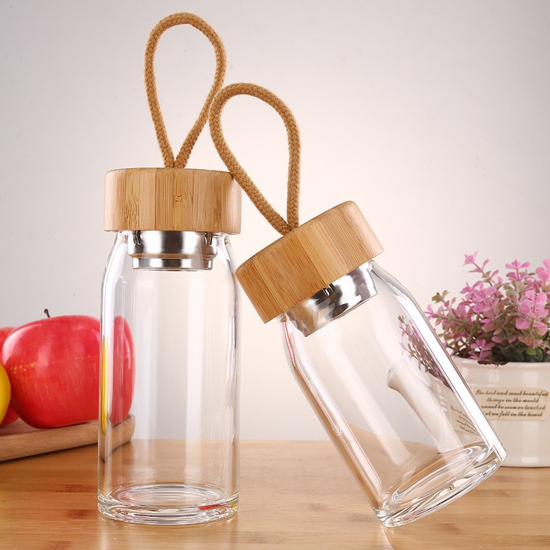 Glass Water Bottle With Bamboo Lid - 300ml and 400ml Fruit Tea Infuser Bottle with Filter Strainer and Convenient Rope for Direct Drinking