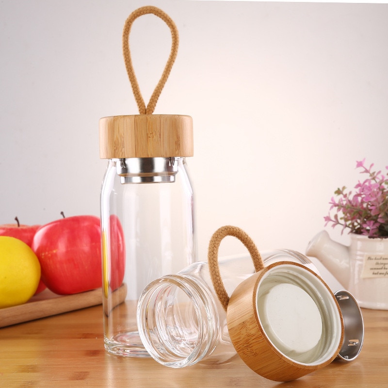 Glass Water Bottle With Bamboo Lid - 300ml and 400ml Fruit Tea Infuser Bottle with Filter Strainer and Convenient Rope for Direct Drinking
