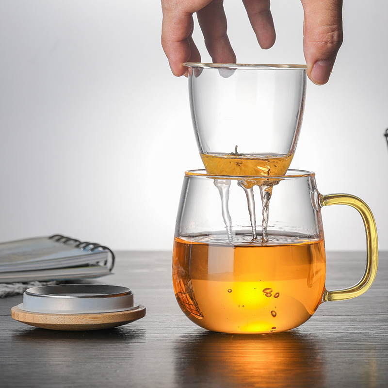 Infuser Mug Creative Glass Tea Cup with Transparent Filter, Bamboo Lid, and Heat-Resistant Design for Office Tea and More