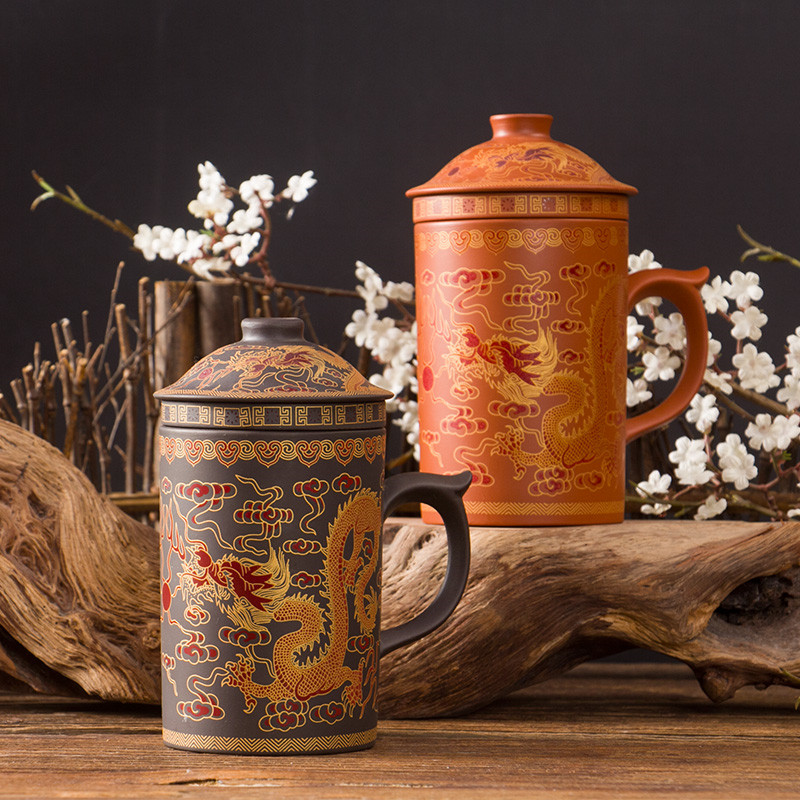 Dragon/Beauty Purple Clay Infuser Mug Tea Cup with Lid, Ideal for Office, Water Cup, and Gift
