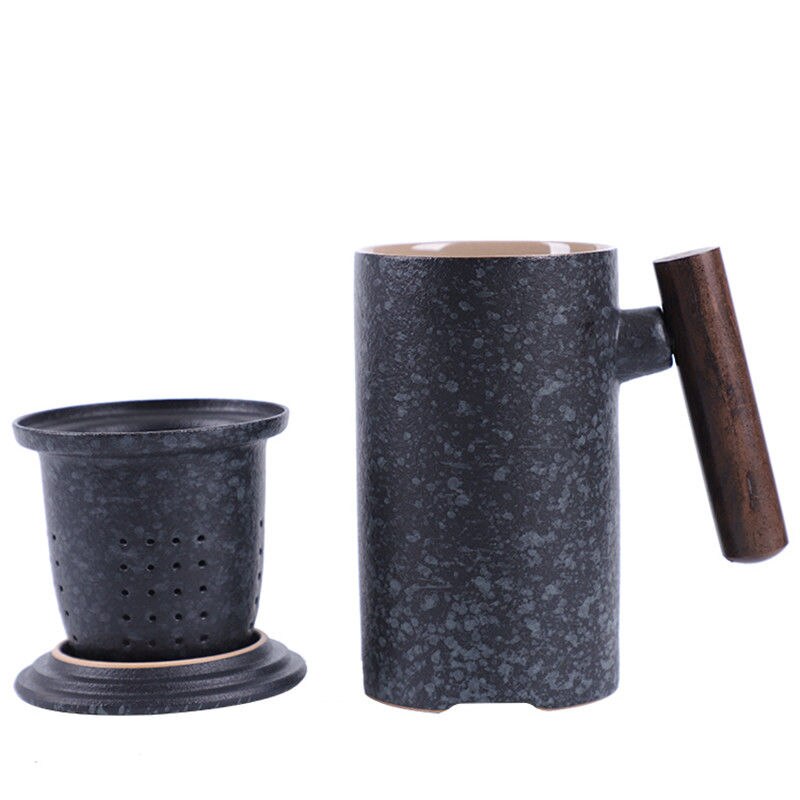 Tea Steeping Mug Japanese-style Vintage Ceramic Tumbler with Rust Glaze and Wood Handle for Home and Office