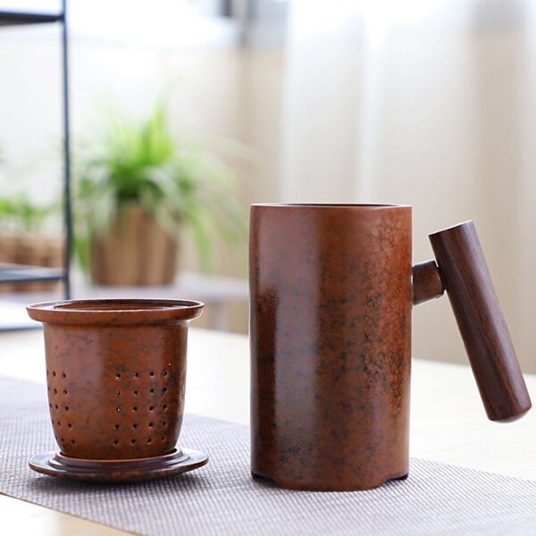 Tea Steeping Mug Japanese-style Vintage Ceramic Tumbler with Rust Glaze and Wood Handle for Home and Office - Image 3