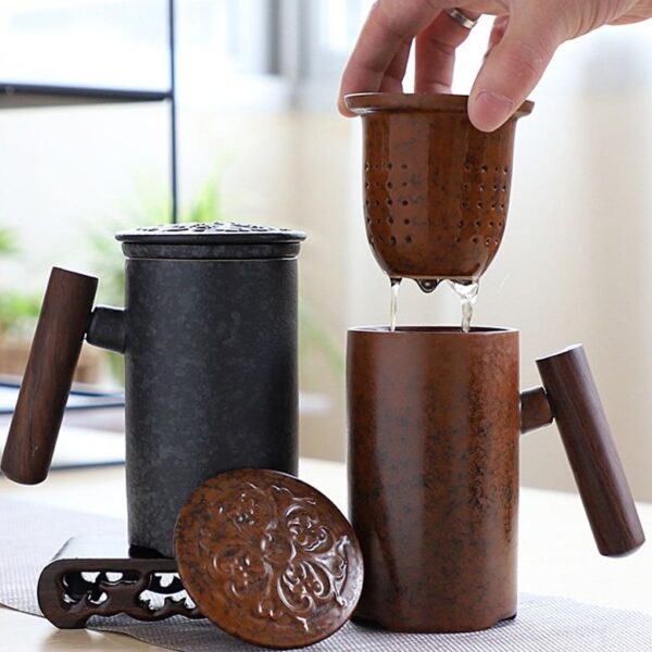 Tea Steeping Mug Japanese-style Vintage Ceramic Tumbler with Rust Glaze and Wood Handle for Home and Office - Image 5