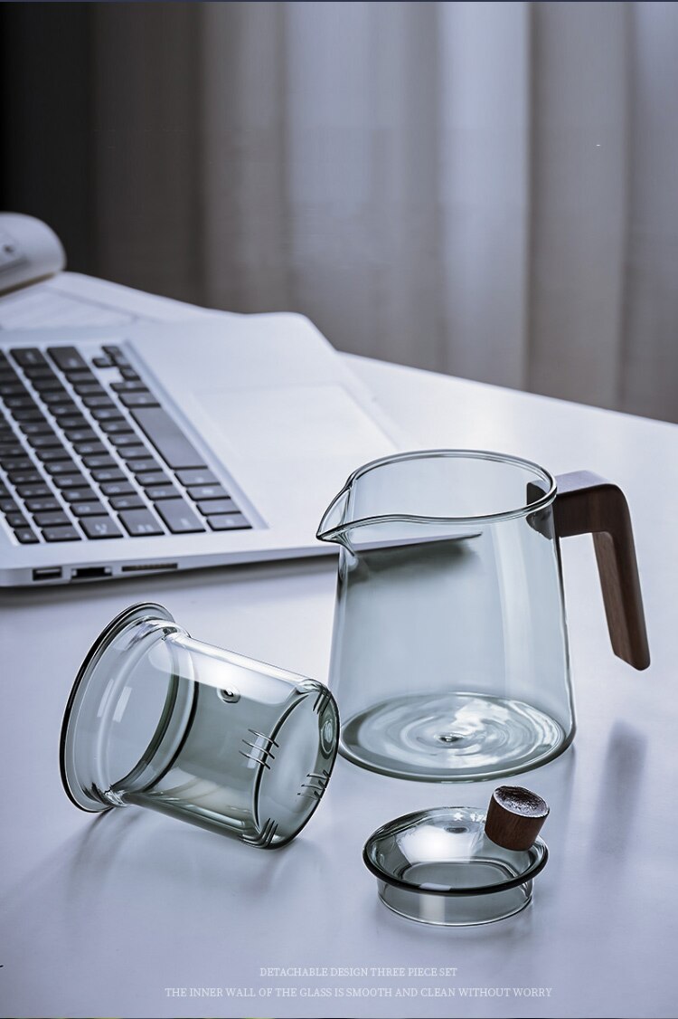 Tea Steeping Mug Set Retro Glass Teapot with Wood Handle and Filter, Perfect for Chinese Tea Ceremony - 530ML Capacity