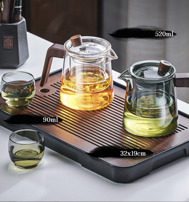 Tea Steeping Mug Set Retro Glass Teapot with Wood Handle and Filter, Perfect for Chinese Tea Ceremony - 530ML Capacity