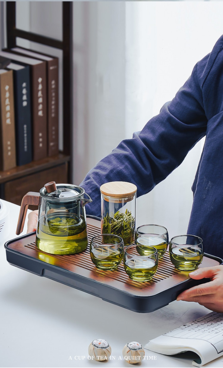 Tea Steeping Mug Set Retro Glass Teapot with Wood Handle and Filter, Perfect for Chinese Tea Ceremony - 530ML Capacity