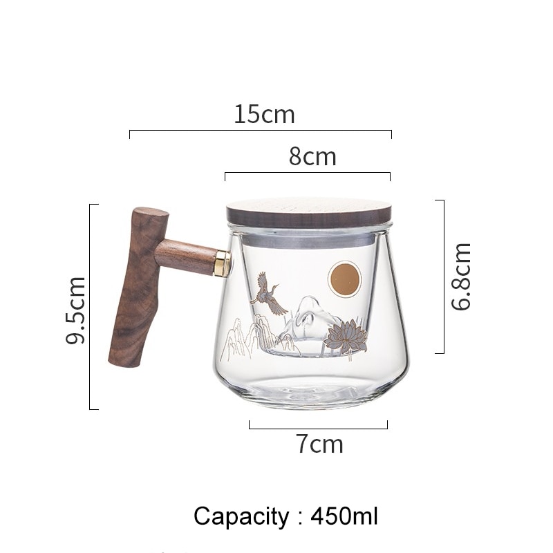 Tea Steeping Mug Luxury Gilding Craft Glass Teacup with Sandalwood Lid - Heat Resistant, Infuser Included, 450ML Capacity