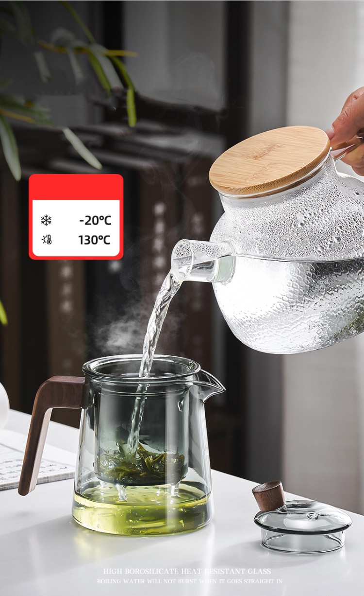 Tea Steeping Mug Set Retro Glass Teapot with Wood Handle and Filter, Perfect for Chinese Tea Ceremony - 530ML Capacity