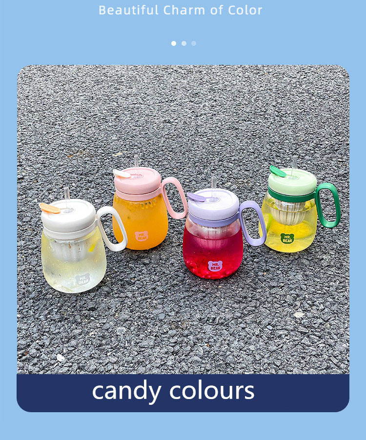 Glass Water Bottle With Fruit Infuser - 850ml Large Tumbler with Straw, Cute Kawaii Design, Leakproof, and Convenient Handle