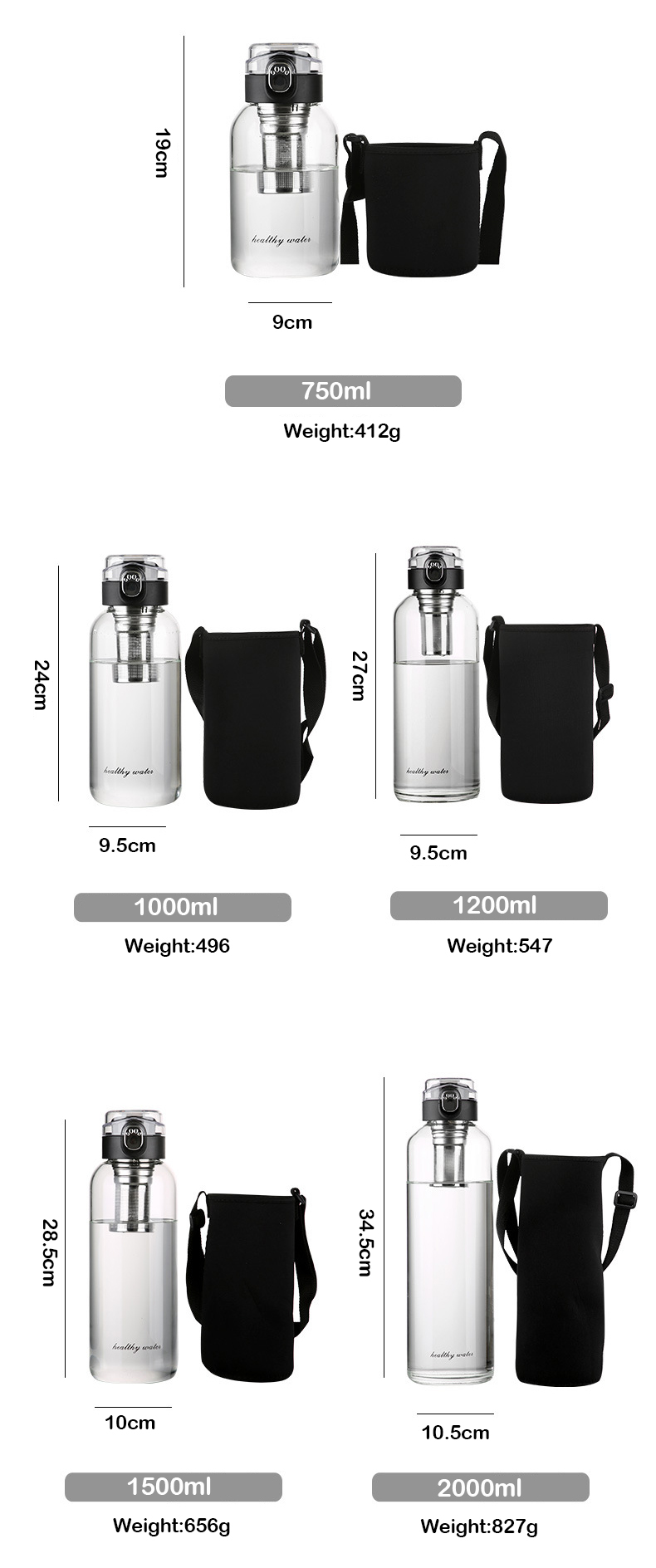 1-Liter Glass Travel Water Bottle Portable Drinkware for Outdoor Adventures, Coffee, and Heat Resistance