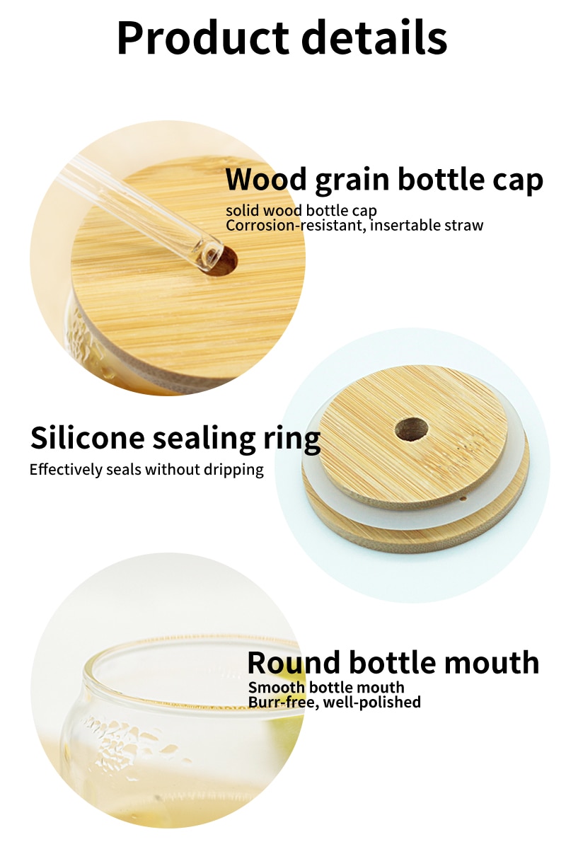 Glass Water Bottle With Bamboo Lid - Eco-Friendly Drinkware Set of 4/6 Transparent Cups for Cold Drinks, Coffee, Tea, and More