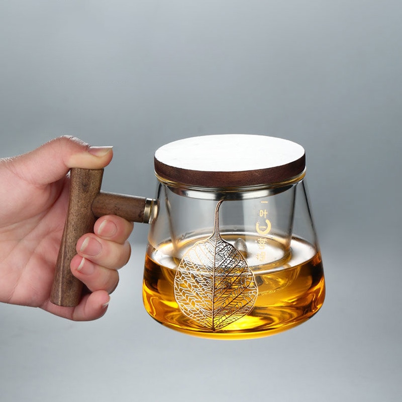 Tea Steeping Mug Luxury Gilding Craft Glass Teacup with Sandalwood Lid - Heat Resistant, Infuser Included, 450ML Capacity