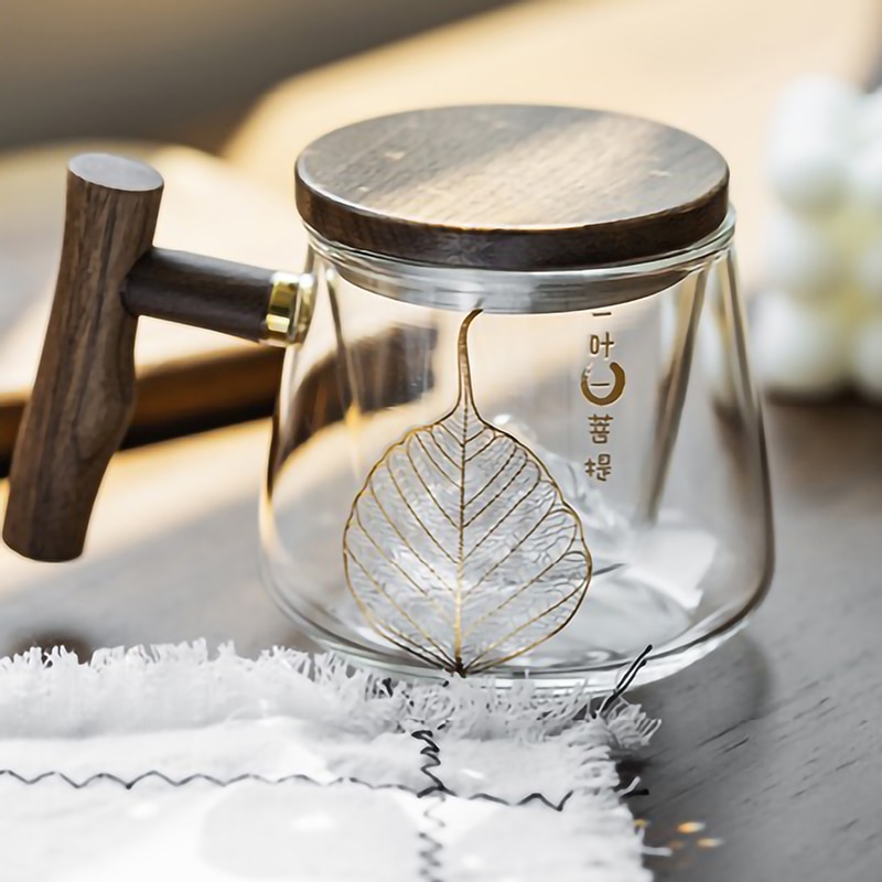 Tea Steeping Mug Luxury Gilding Craft Glass Teacup with Sandalwood Lid - Heat Resistant, Infuser Included, 450ML Capacity