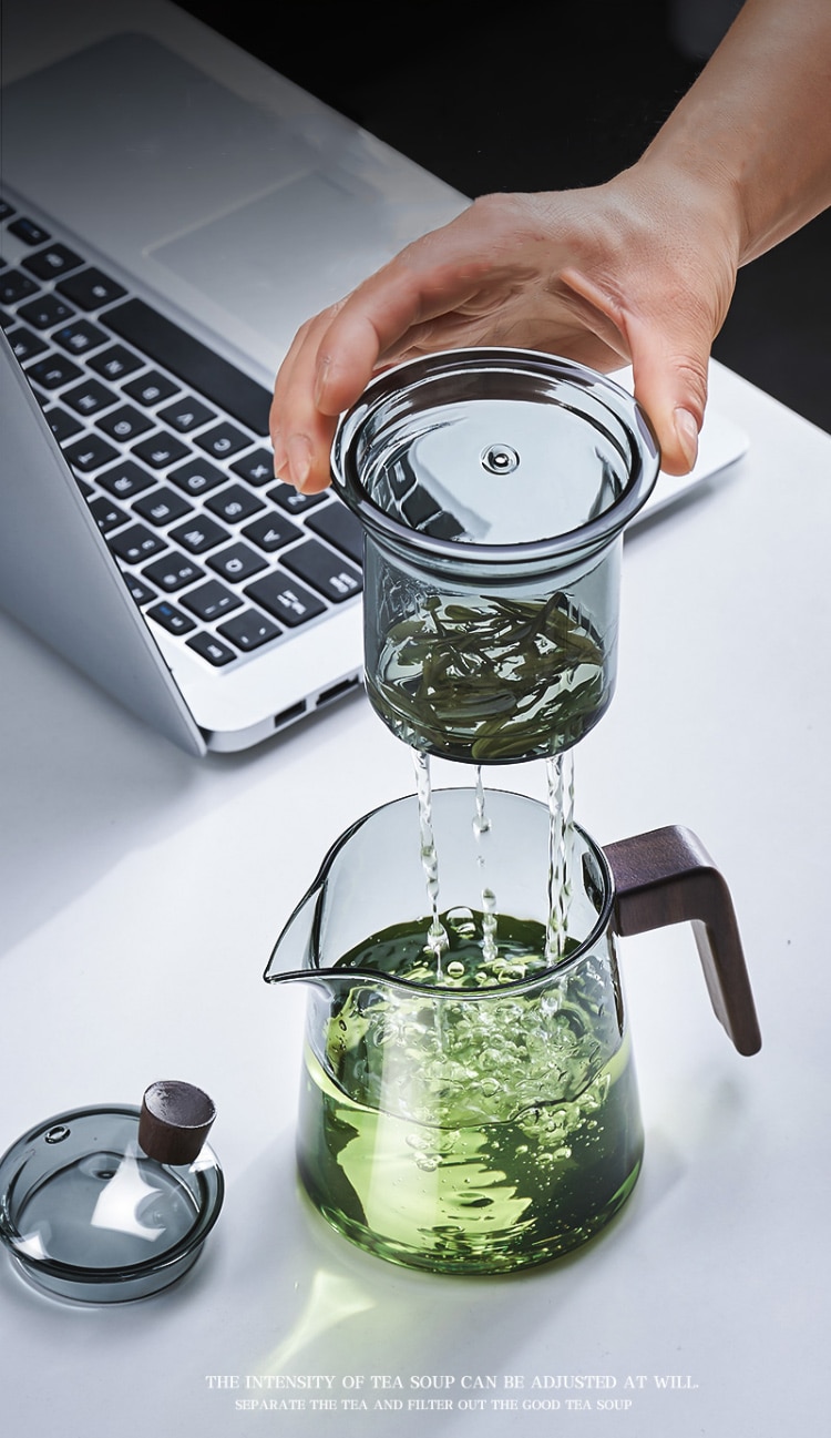 Tea Steeping Mug Set Retro Glass Teapot with Wood Handle and Filter, Perfect for Chinese Tea Ceremony - 530ML Capacity
