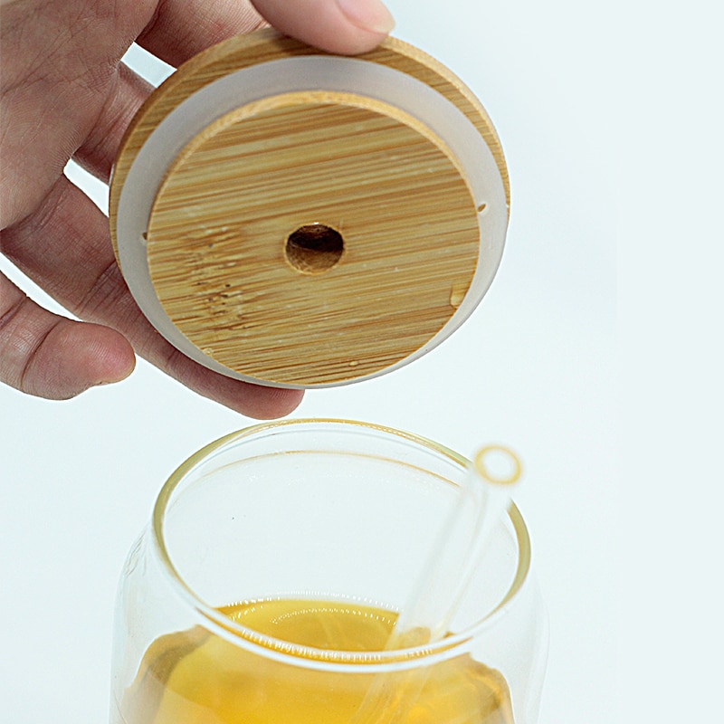 Glass Water Bottle With Bamboo Lid - Eco-Friendly Drinkware Set of 4/6 Transparent Cups for Cold Drinks, Coffee, Tea, and More