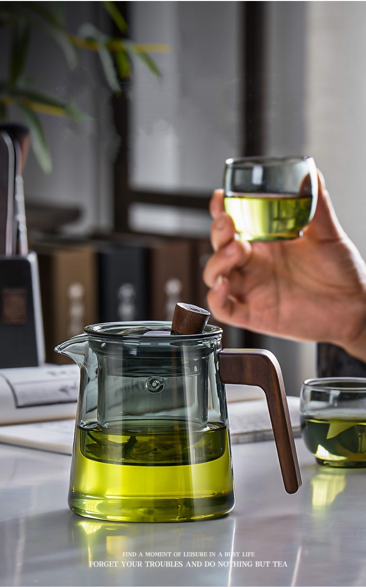 Tea Steeping Mug Set Retro Glass Teapot with Wood Handle and Filter, Perfect for Chinese Tea Ceremony - 530ML Capacity