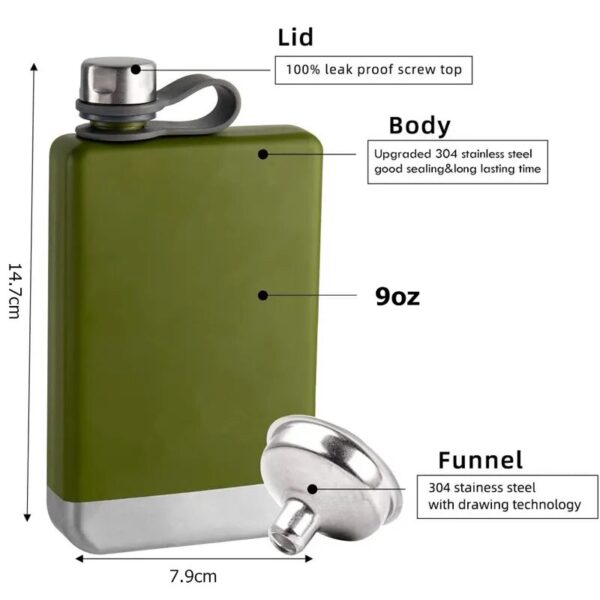 Flat Water Bottle 9oz Premium 304 Stainless Steel Hip Flask with Funnel for Leakproof Whiskey Enjoyment - Image 2