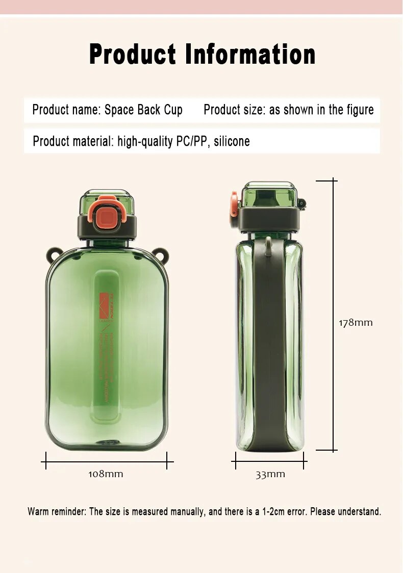 Flat Water Bottle 750ml Large Capacity Paper Pad Bottle with Scale for Student Outdoor Fitness and Exercise, Direct Drinking Portable Kettle