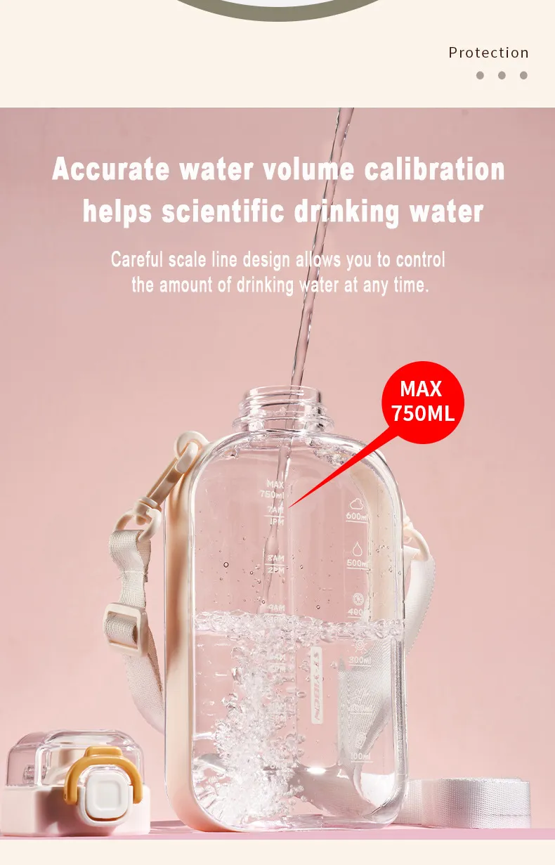 Flat Water Bottle 750ml Large Capacity Paper Pad Bottle with Scale for Student Outdoor Fitness and Exercise, Direct Drinking Portable Kettle